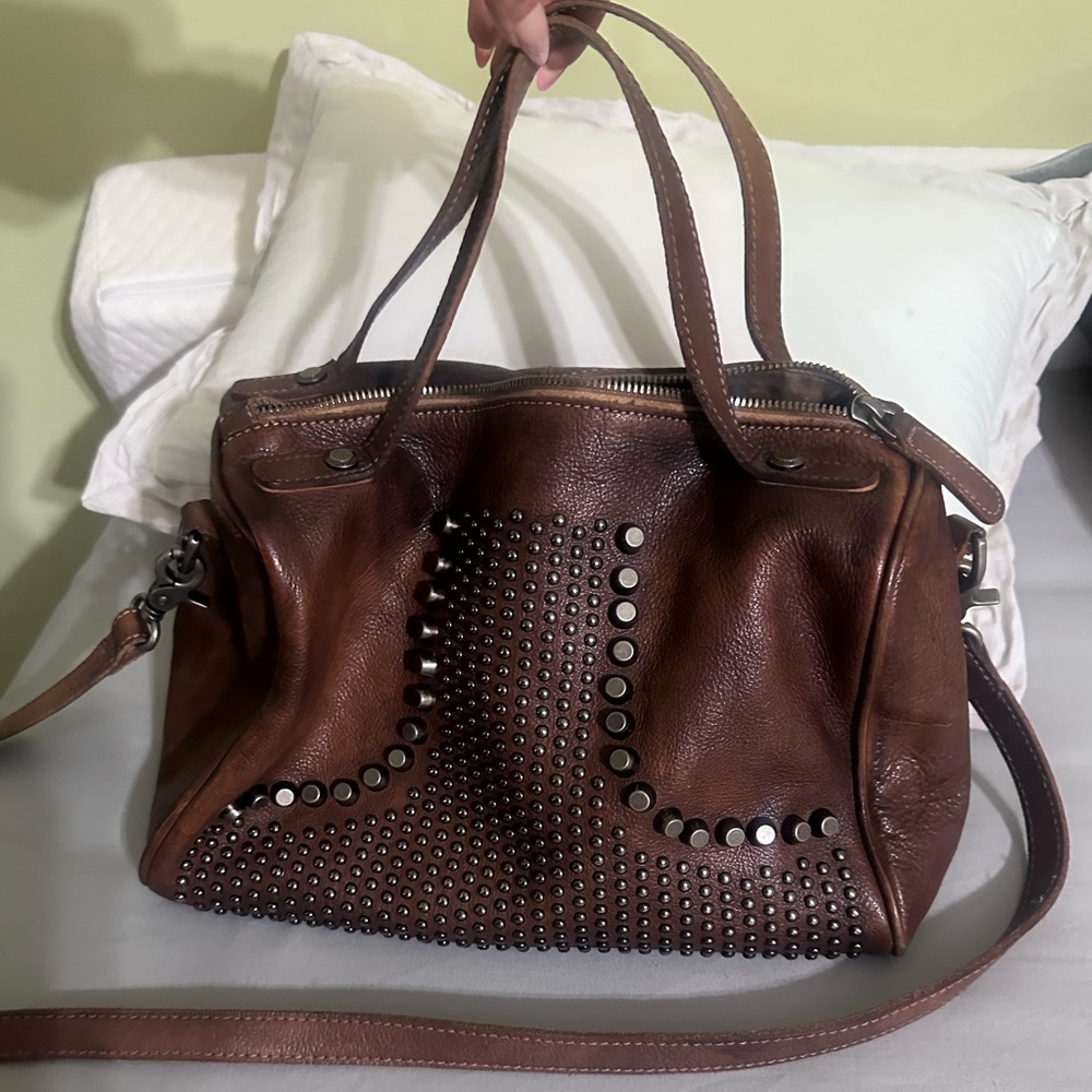 Brown Leather Satchel Riveted Handbag